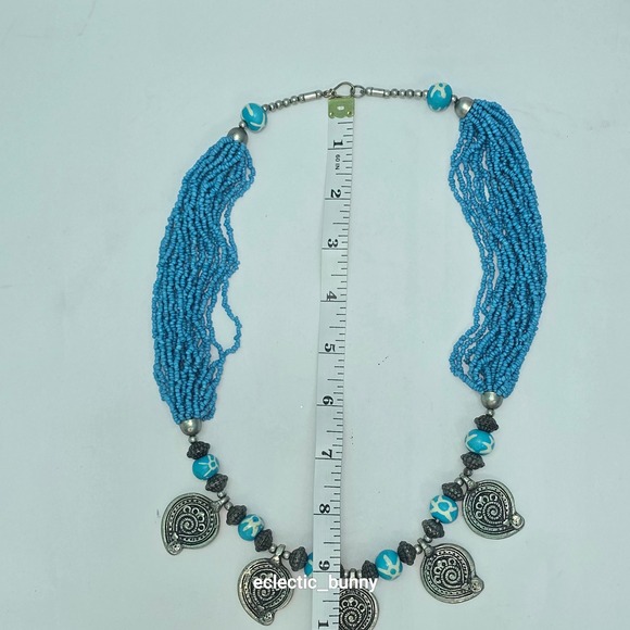 Tibetan-Style Blue Beaded Statement Necklace Silver-Tone Medallions • Boho - Picture 3 of 7